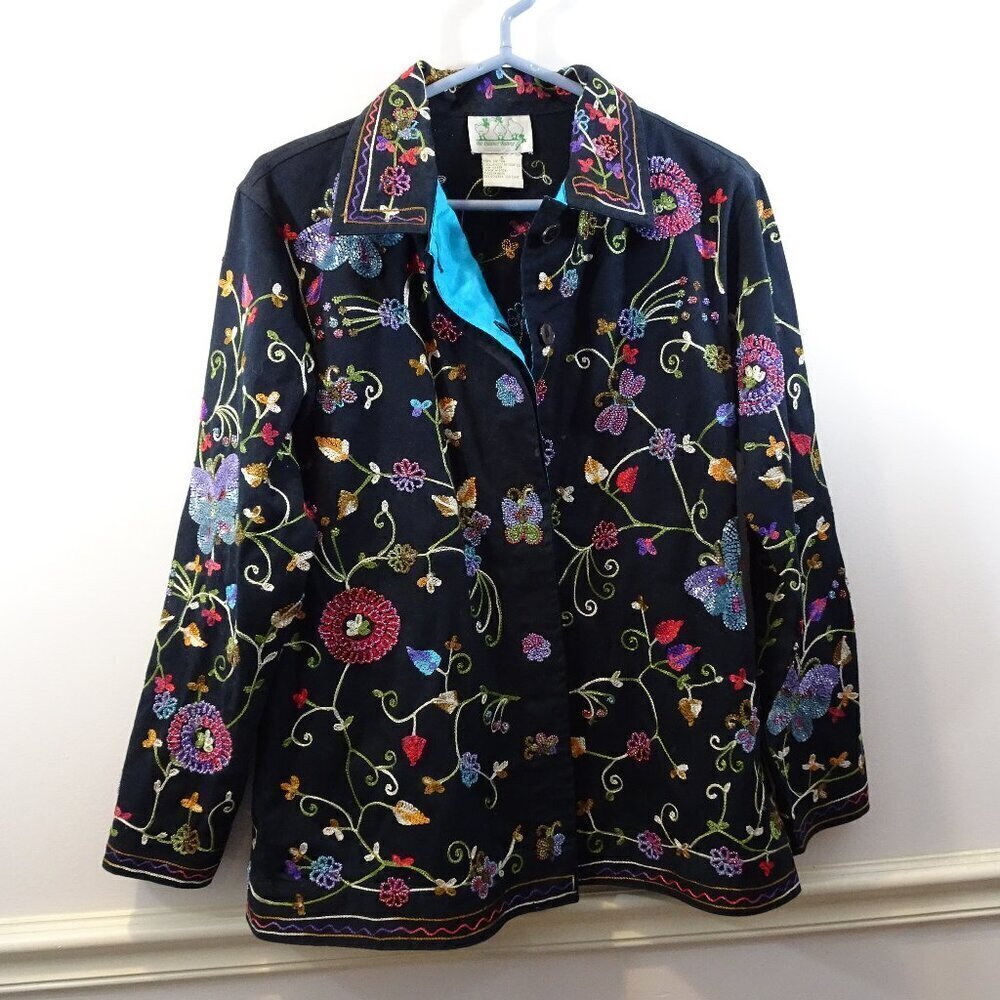 Quacker Factory Black Swing Jacket Beads Embroidered Butterflies Cotton Sz S